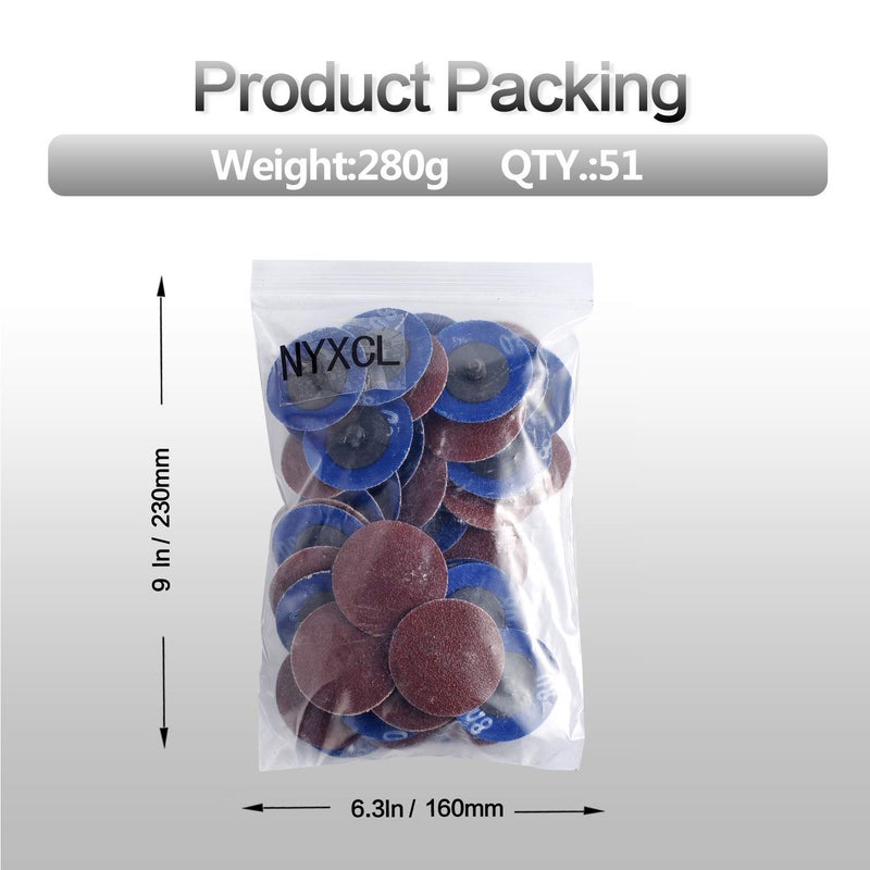 NYXCL طقم أقراص قفل تغيير سريع NYXCL Miroku 50 قطعة P80 مقاس 2 بوصة، أقراص صنفرة A/O مع حامل 1/4 بوصة، لإعداد سطح طاحونة، إزالة الصدأ والدهان، الطحن والتلميع والتشطيب - Image 1